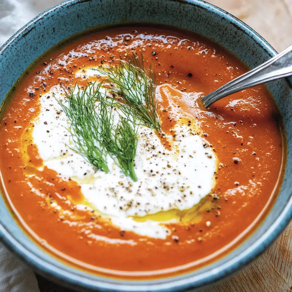 Eine Schüssel mit Tomatensuppe, garniert mit Sahne, frischem Dill und schwarzem Pfeffer.