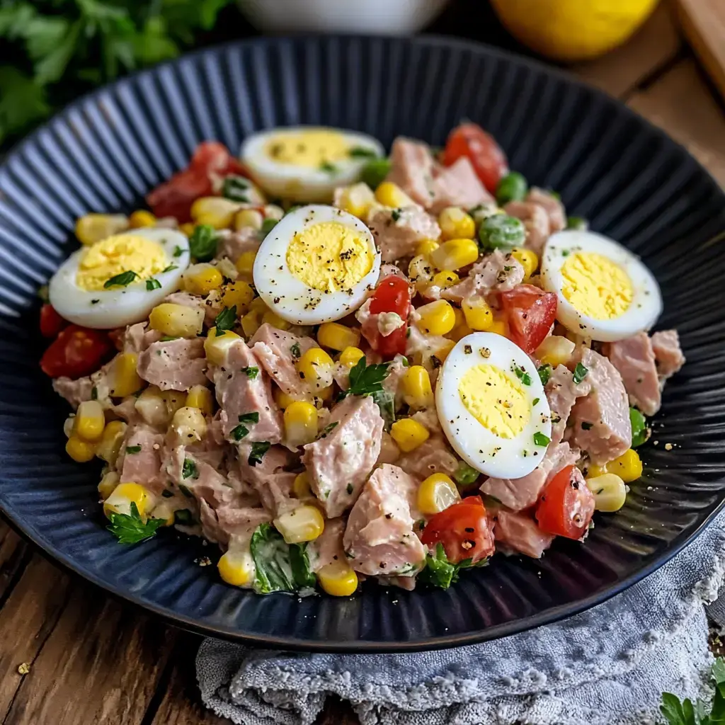Auf einem dunklen Teller siehst du einen bunten Mix aus Thunfisch, Mais, roten Tomaten, gekochten Eiern und frischer Petersilie.