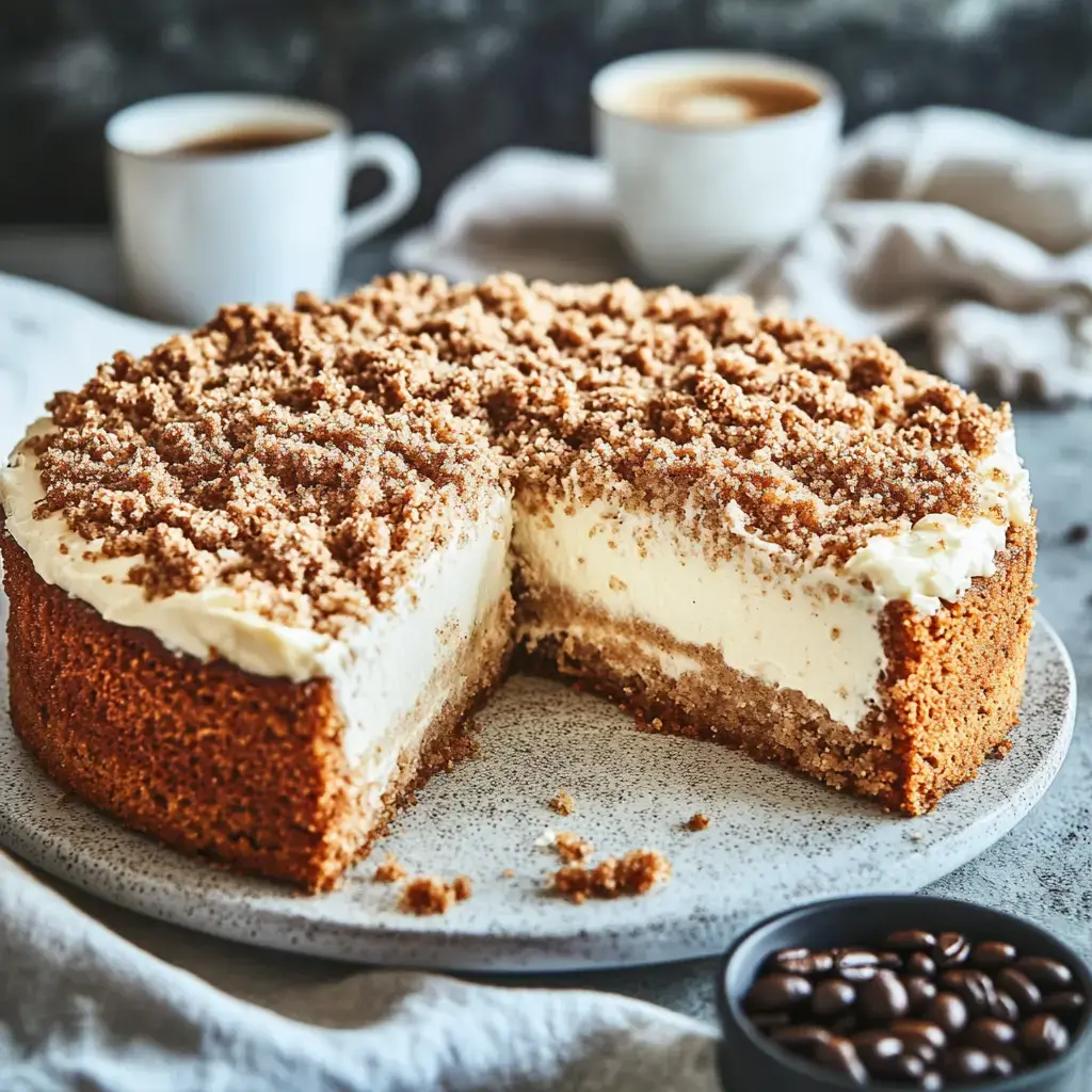 Ein angeschnittener, cremiger Kuchen mit einer Keksstreuselkruste, zwei Tassen Kaffee und einer Schale voller Kaffeebohnen stehen daneben.