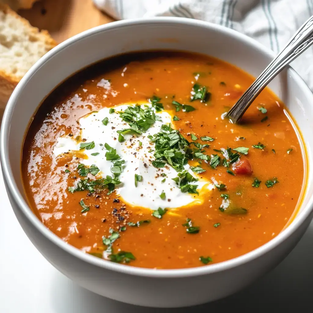 Schale mit Tomatensuppe, etwas Kokoscreme und frischer Koriander obenauf, hinten ein Stück Brot.