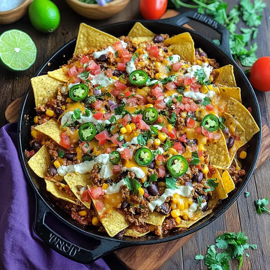 Eine ordentliche Portion Nudeln, darüber Tortilla Chips, Hack, schwarze Bohnen, Mais, Jalapeños, Tomatenstückchen, Käse und Klecks Sahne. Alles schön angerichtet in einer Guss-Pfanne.