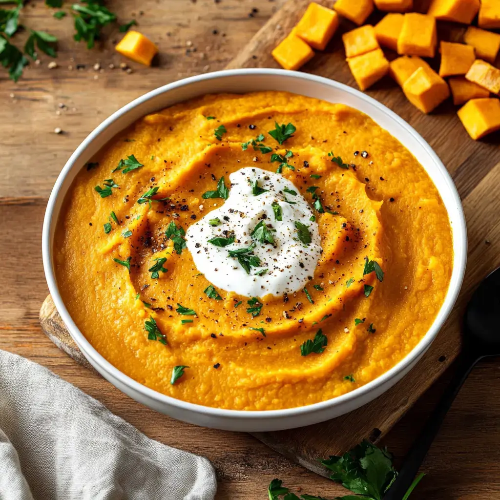 Auf einem Holztisch steht ein Teller voll samtiger Kürbissuppe, getoppt mit Petersilie und Sauerrahm, daneben liegen Kürbiswürfel.