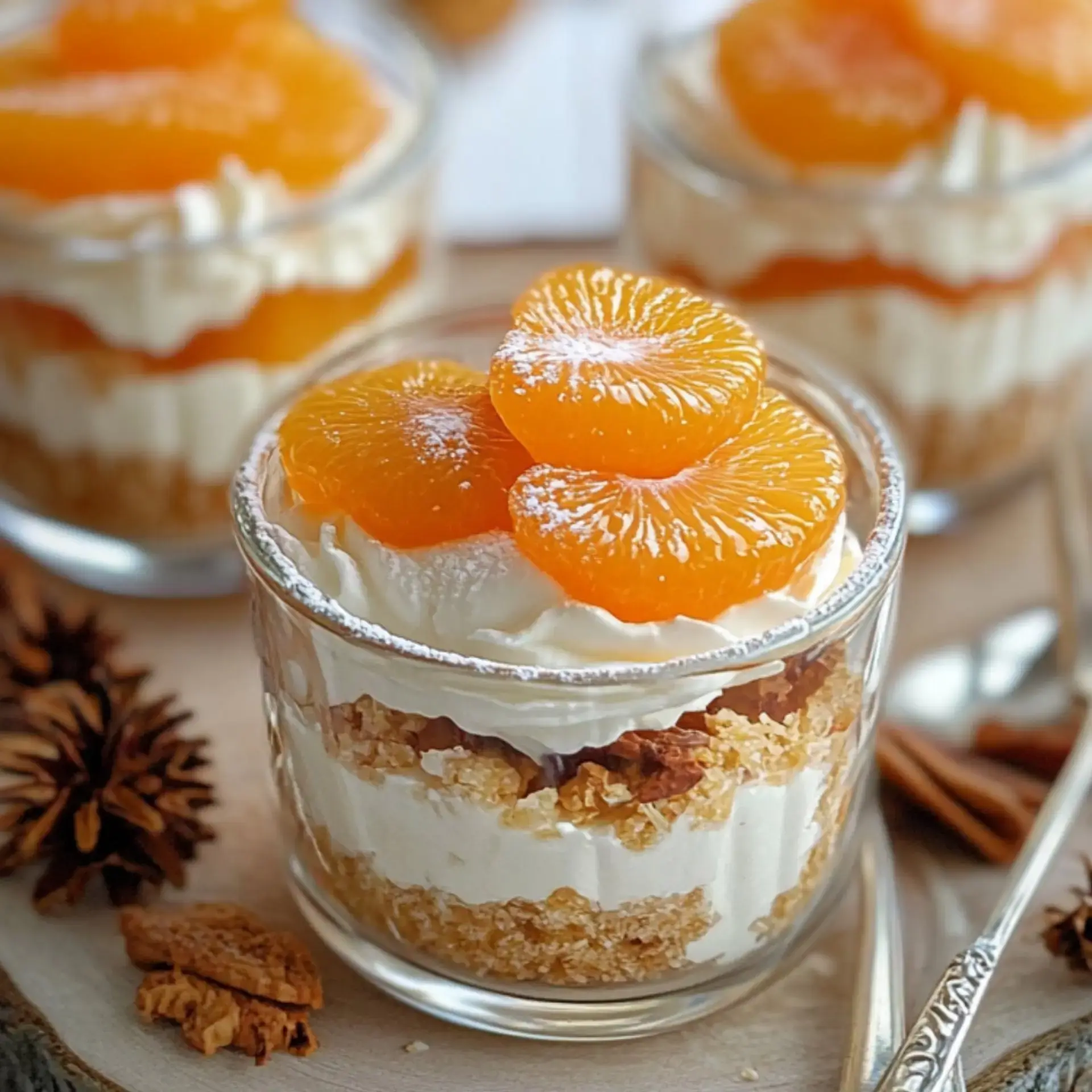 Ein Glas voller Schichten aus Keksen, sahniger Creme und fruchtigen Mandarinenstücken.