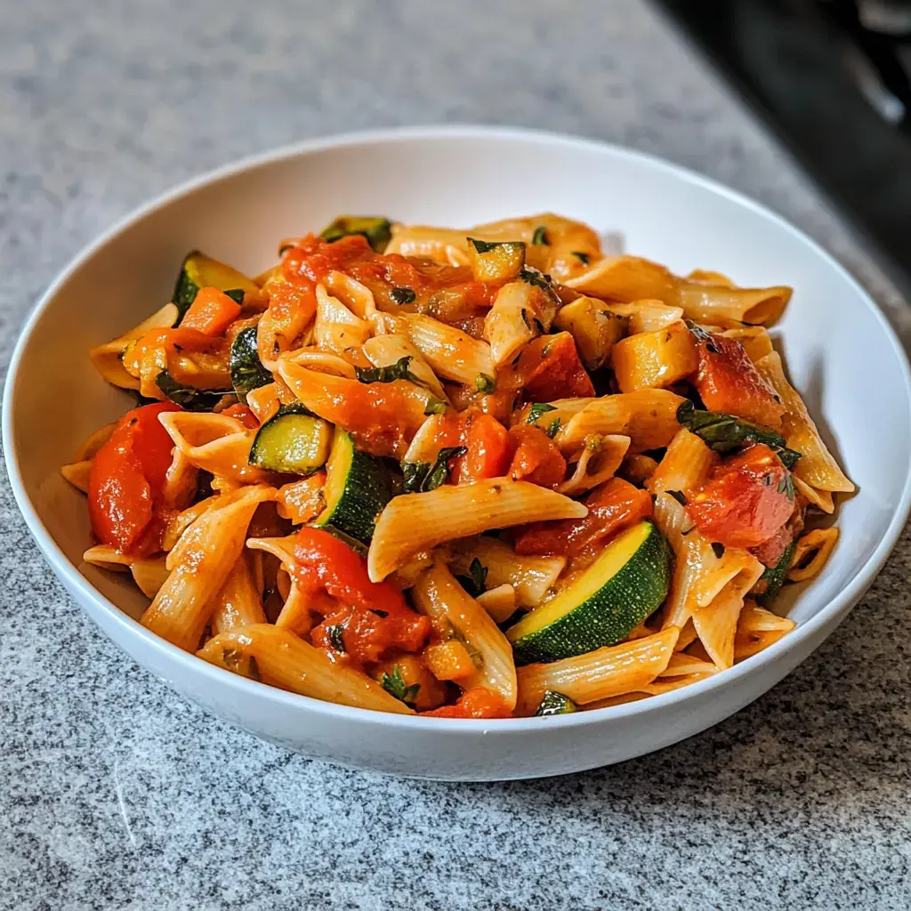 Ein leckerer Pasta-Teller mit Tomatensoße, Karottenstreifen und Zucchinischeiben.