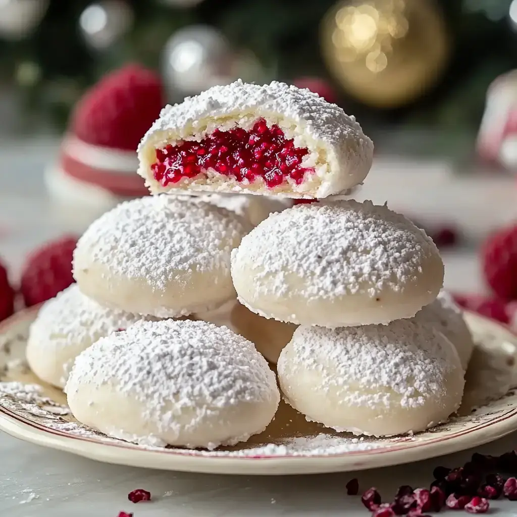 Auf einem Tisch steht ein Teller voller mit Puderzucker bestäubter Kugelkekse, in deren Mitte rote Fruchtfüllung steckt. Drumherum liegen frische Himbeeren und weihnachtliche Deko.