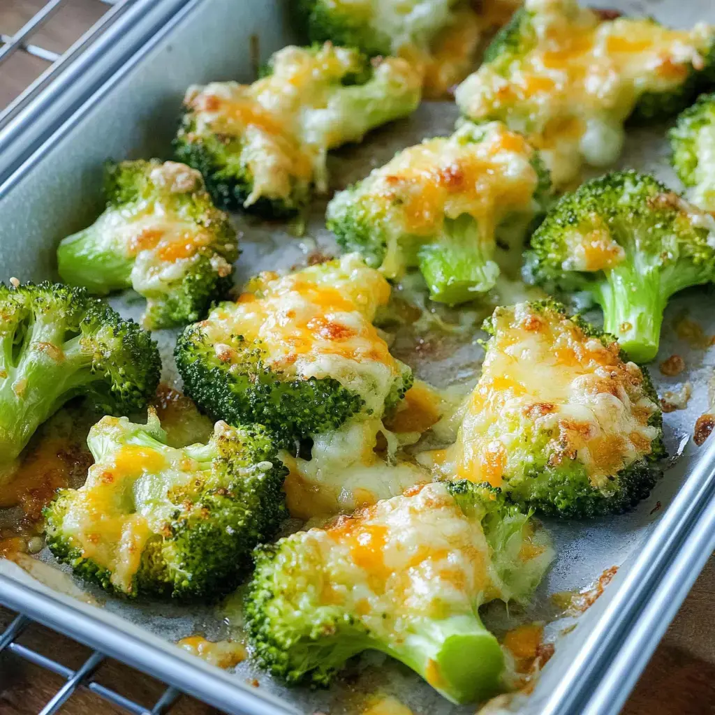 Brokkoli aus dem Ofen mit zerlaufenem Parmesan auf Backpapier.