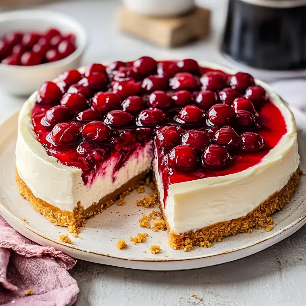 Stück Kirsch-Käsetorte mit Keks am Boden – frisch serviert.