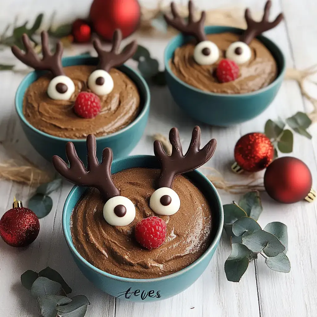 Drei kleine Schokomousses im Glas – als Rentiere geschmückt mit Schokogeweih, Schokoaugen und Himbeernase. Dazwischen weihnachtliche Dekoteile.