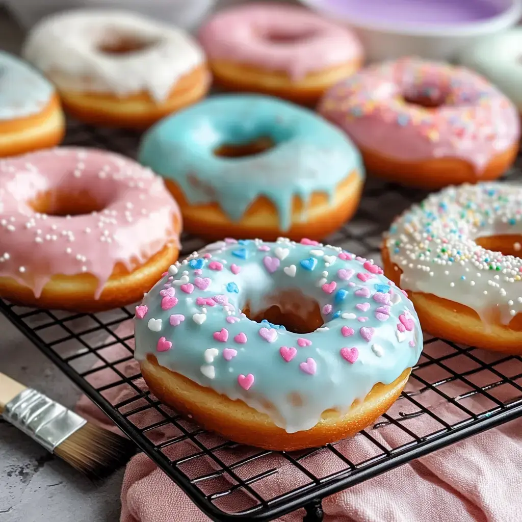 Knallbunte Donuts mit Streuseln und Glasur auf einem Gitter.
