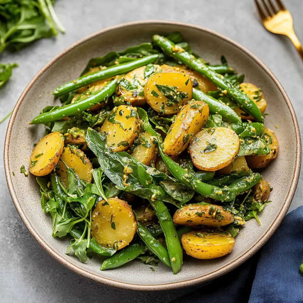 In einer Schale liegen Kartoffeln mit grünen Bohnen, Rucola und vielen frischen Kräutern. Oben drauf ein grünes Dressing.