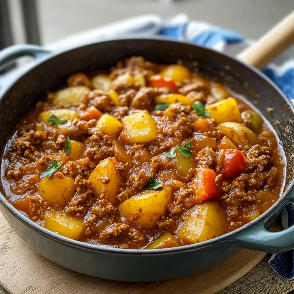Im Topf brodelt ein kräftiger Hackfleisch-Eintopf – Kartoffeln und Paprika schwimmen in einer würzigen rötlichen Soße.