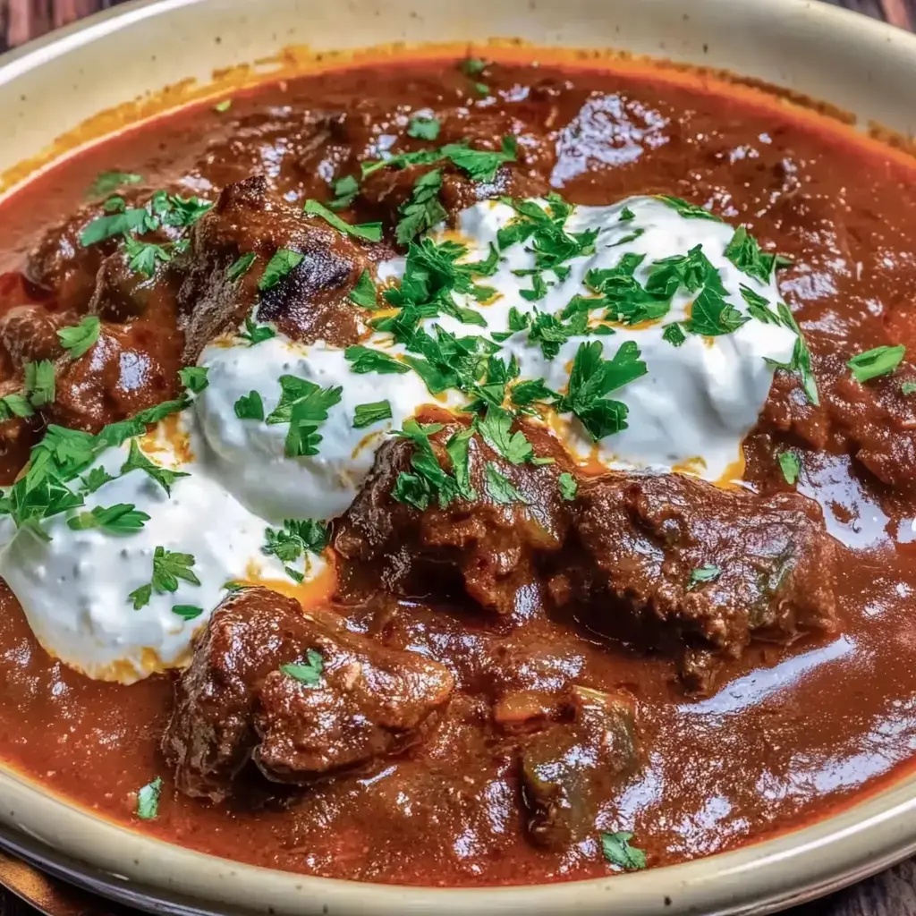 Zarter Eintopf mit Rindfleisch in dunkler Soße, frisch mit Koriander und Sahne garniert.