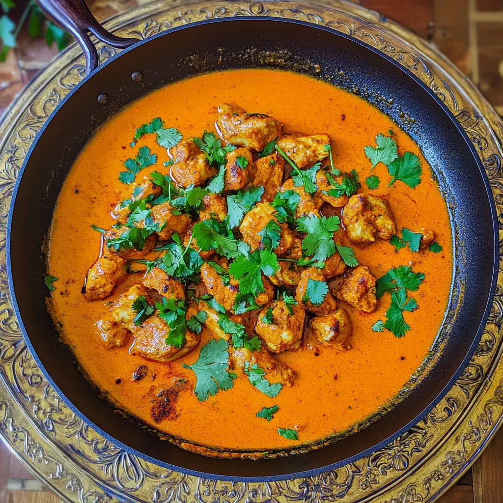 Ein lecker angerichteter Teller: saftiges Hähnchen in würziger orangener Sauce, getoppt mit Koriander.