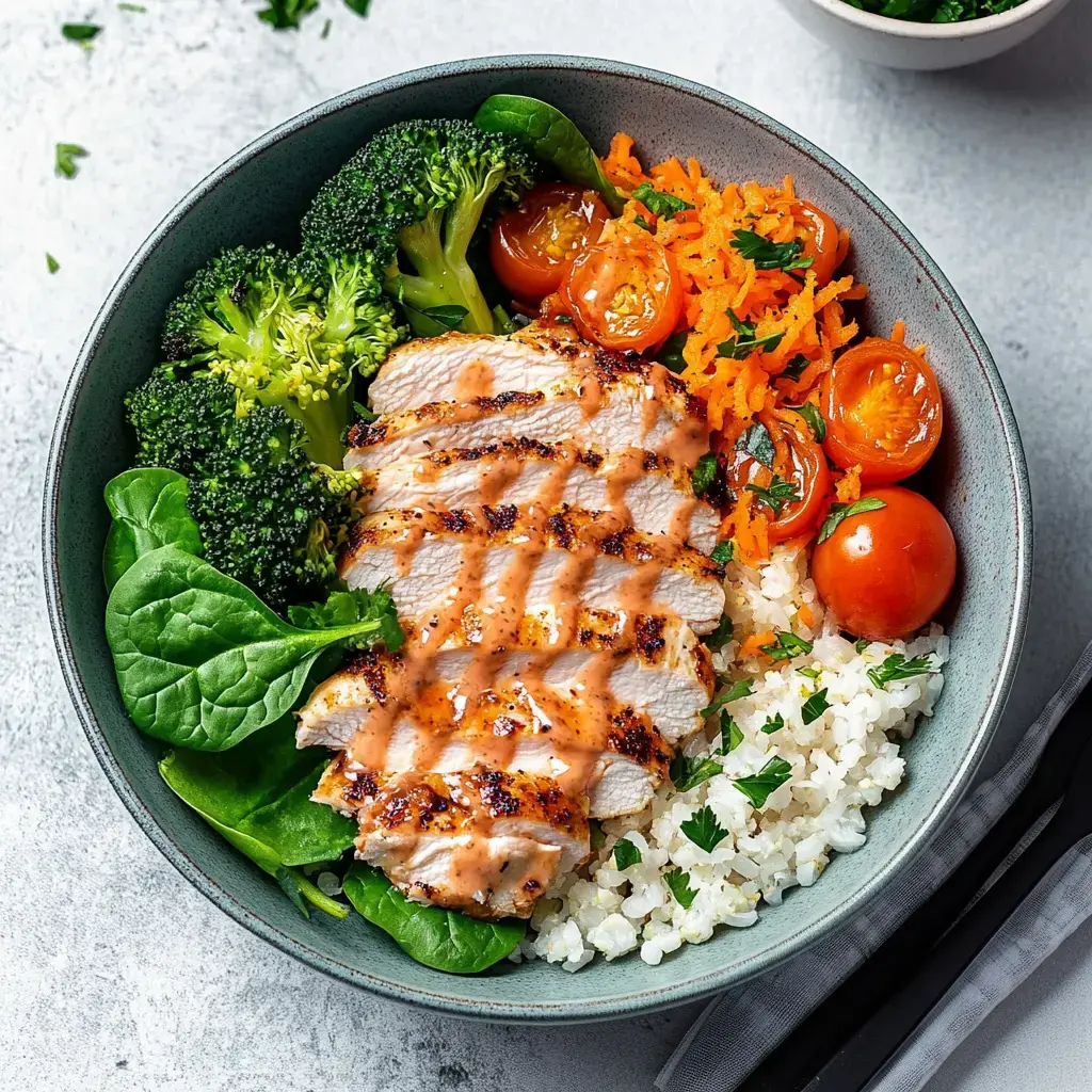 Eine Bowl voll mit gegrilltem Hähnchen, Brokkoli, Spinat, geriebenen Karotten, Kirschtomaten und Blumenkohlreis. Oben drauf gibt‘s eine leckere Soße.