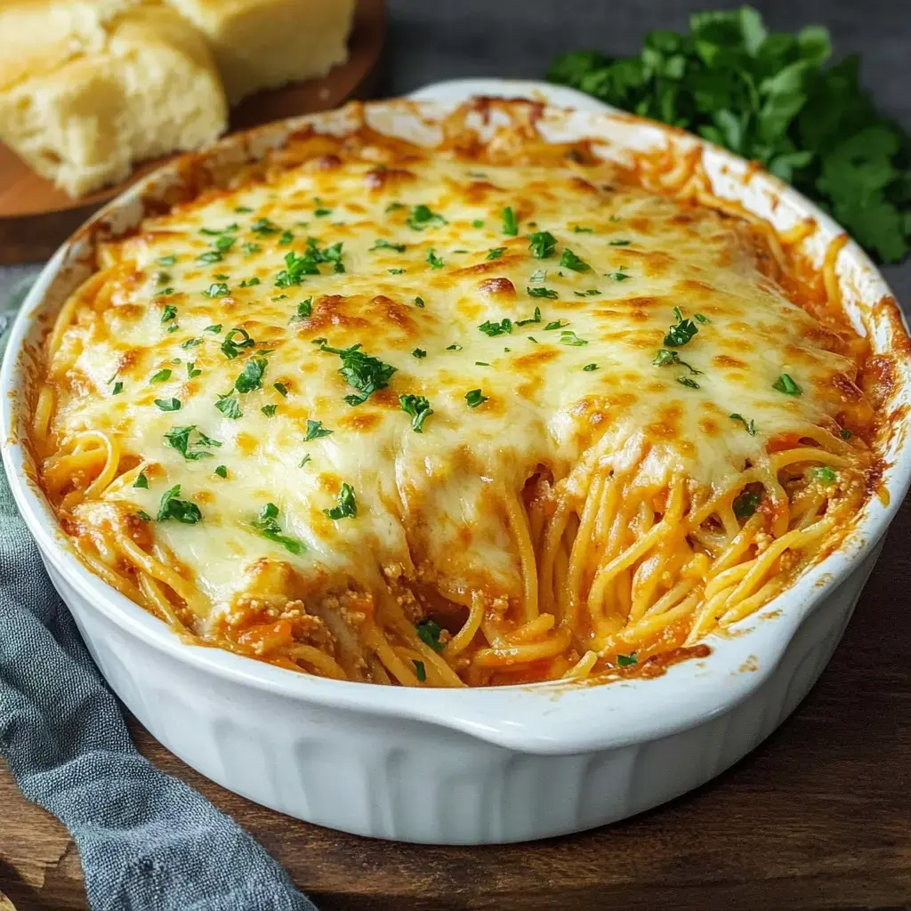 Hier siehst du einen Auflauf voller Spaghetti, überbacken mit geschmolzenem Käse und frischer Petersilie obendrauf.