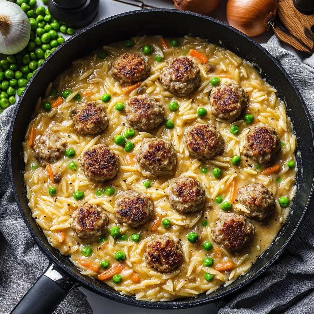 In einer großen Pfanne liegen Fleischbällchen mit Orzo, Möhren und Erbsen – alles in samtiger Soße.