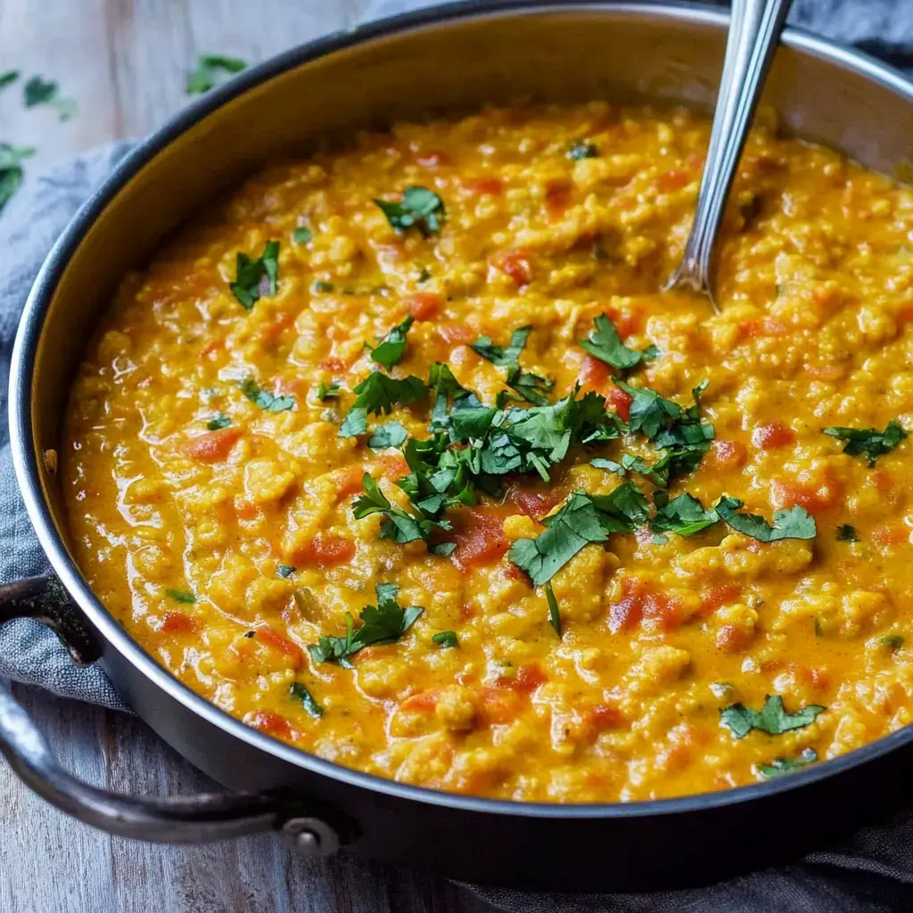 Gelbe Linsen mit Tomaten und Koriander – hübsch angerichtet und schön deftig.