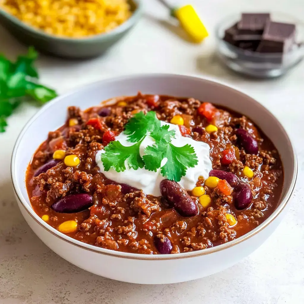 In einer Schale liegt Chili con Carne mit Hack, Mais und Bohnen, darauf ein Klecks Sauerrahm und frischer Koriander.