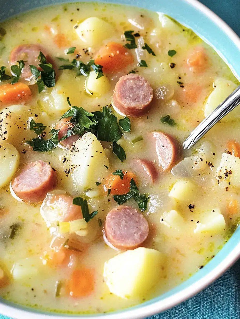 Eine Schüssel voller cremiger Kartoffelsuppe, dazu knackige Karotten, Wurststücke und ein Haufen Petersilie.
