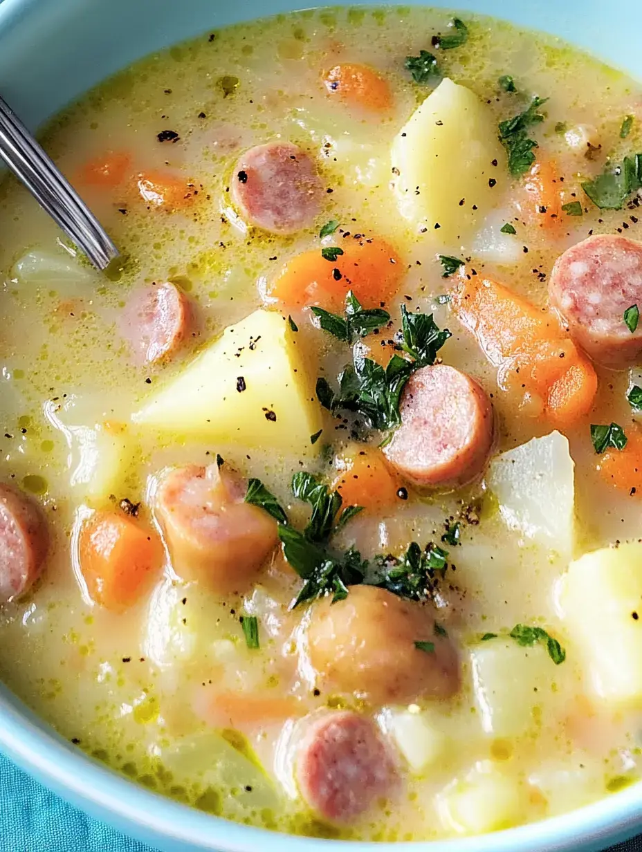 Cremige Suppe im Teller, mit Würsten, Kartoffeln und Karotten, abgeschmeckt mit Petersilie.