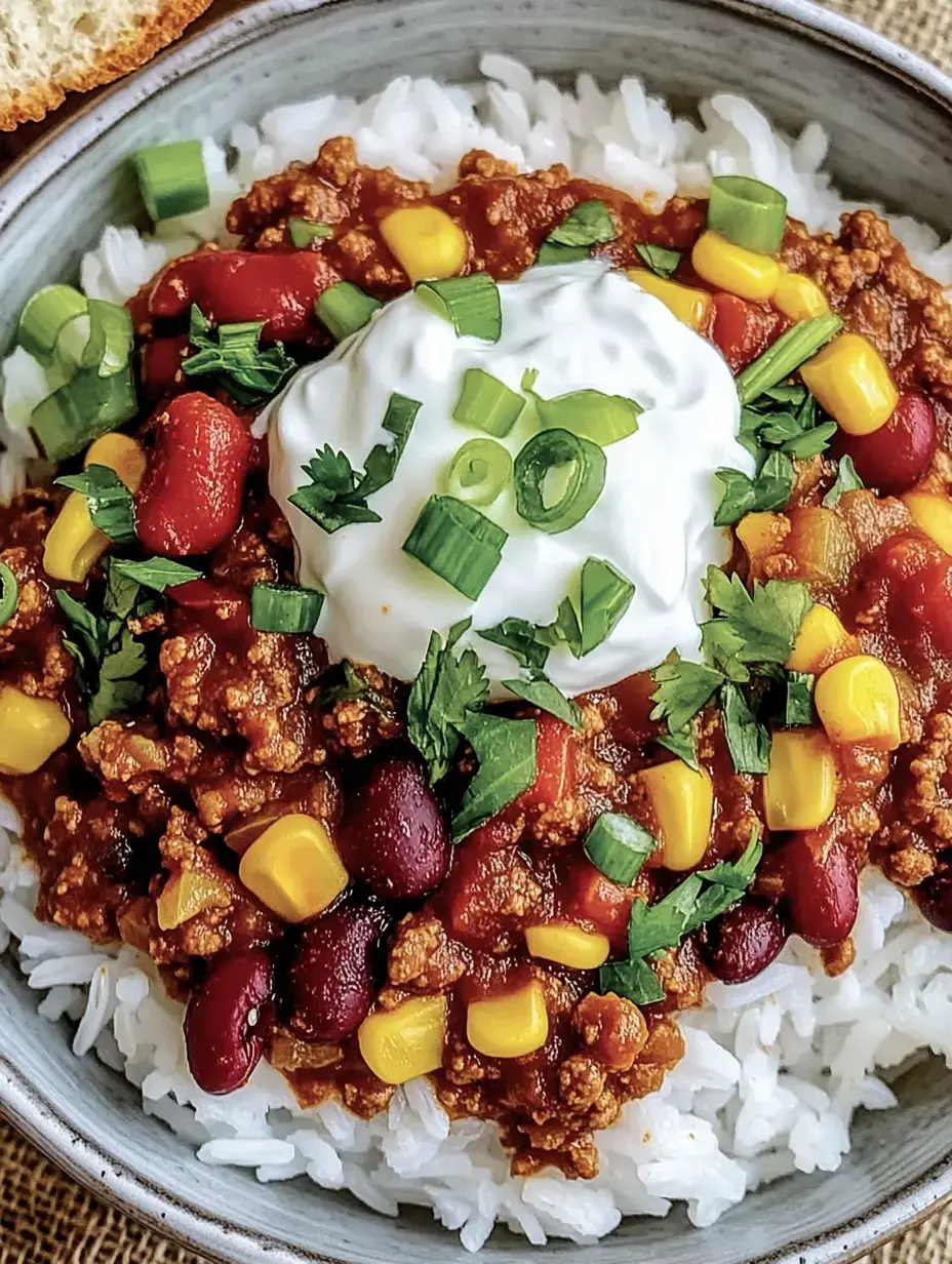 Schale mit Reis dazu deftige Chili-Mischung mit Bohnen, Mais, Hackersatz und Kräutern, abgerundet mit einem Klecks Joghurt.