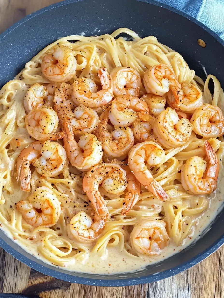 Ein Teller mit Linguine in einer cremigen Sauce, bedeckt mit gebratenen Garnelen und gewürzt mit Pfeffer.