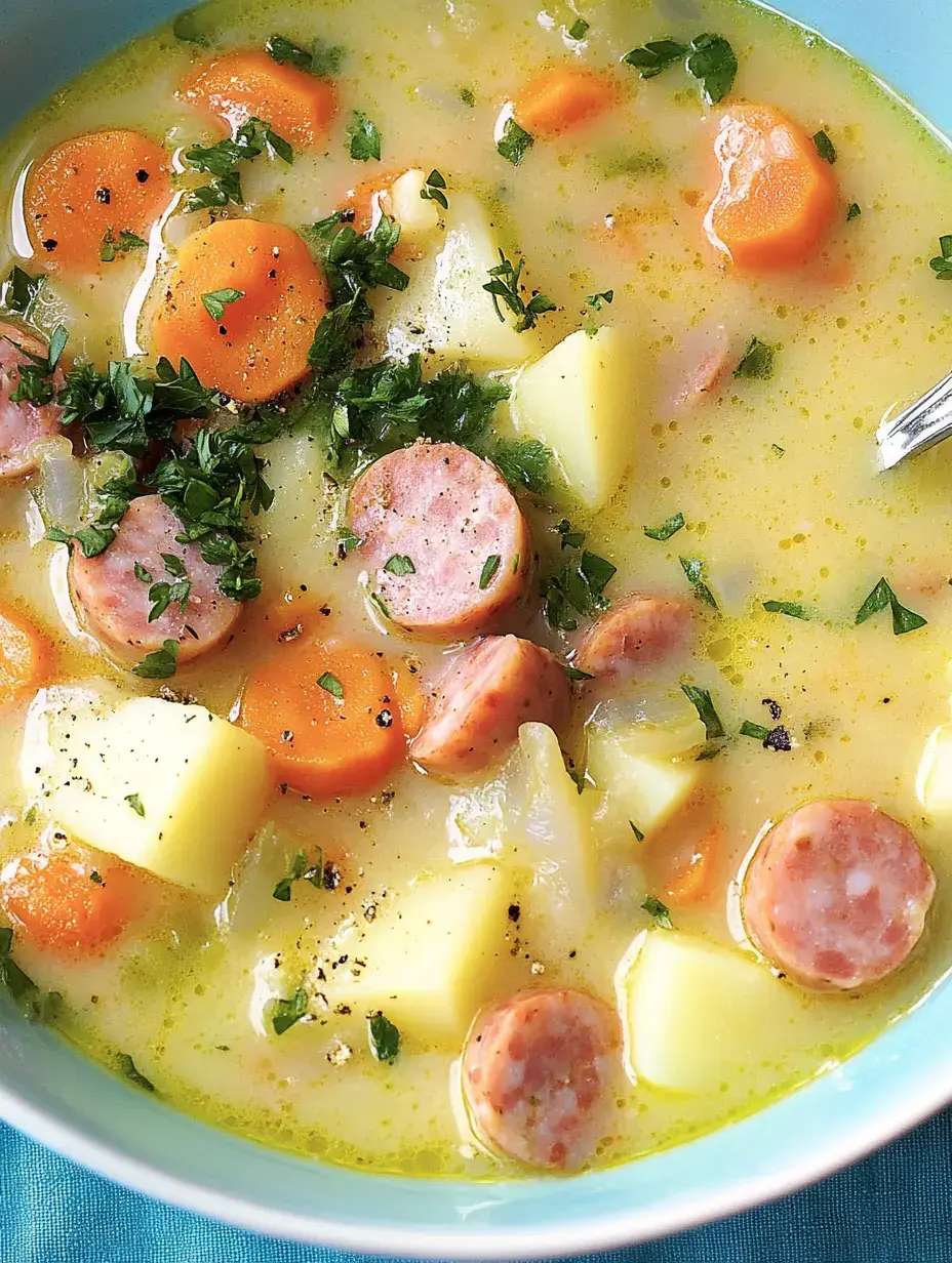 Ein Topf voller deftiger Suppe mit Karotten, Kartoffeln und Wurststücken, dekoriert mit Petersilie.