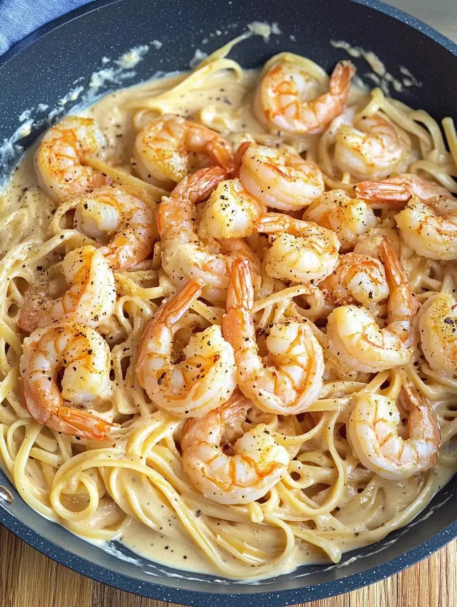 Ein Teller Spaghetti mit Garnelen in einer cremigen Sauce, garniert mit schwarzem Pfeffer.