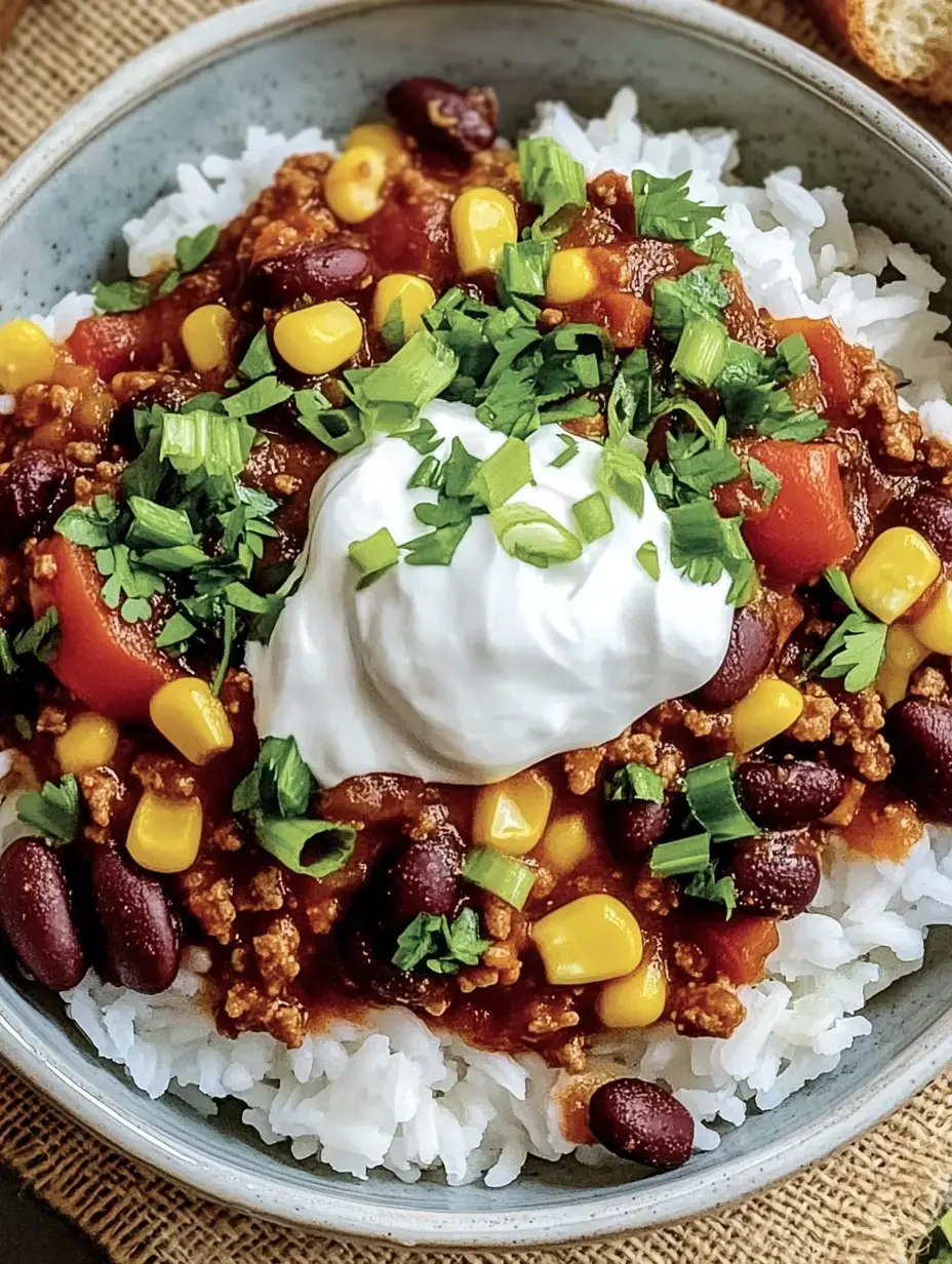 Schale Reis, getoppt mit Chili, Mais, Bohnen, Tomatenstücken, frischem Koriander und einem Joghurt-Klecks.