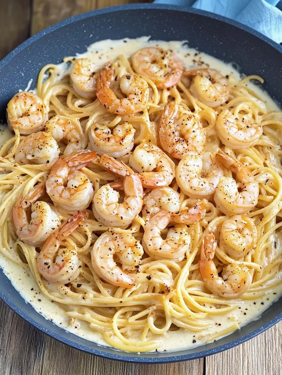 Eine Pfanne mit Spaghetti in einer cremigen Sauce, garniert mit gebratenen Garnelen und Pfeffer.