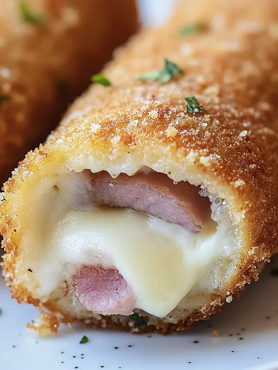 Aus der Nähe sieht man einen krossen Snack mit geschmolzenem Käse und Schinken.
