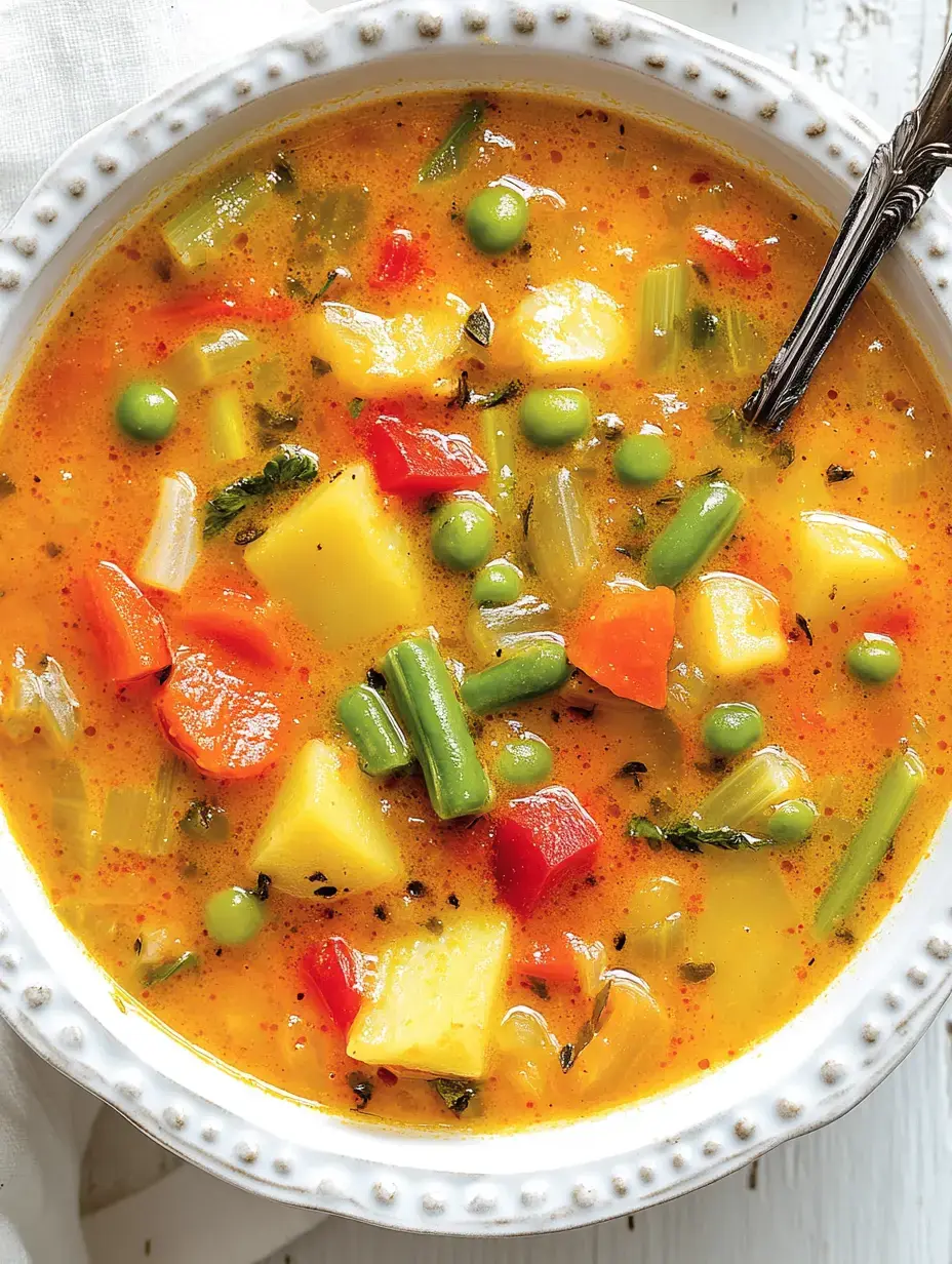 Eine Schüssel Gemüsecremesuppe mit buntem Gemüse wie Karotten, Erbsen, Kartoffeln und Paprika in einer goldenen Brühe.