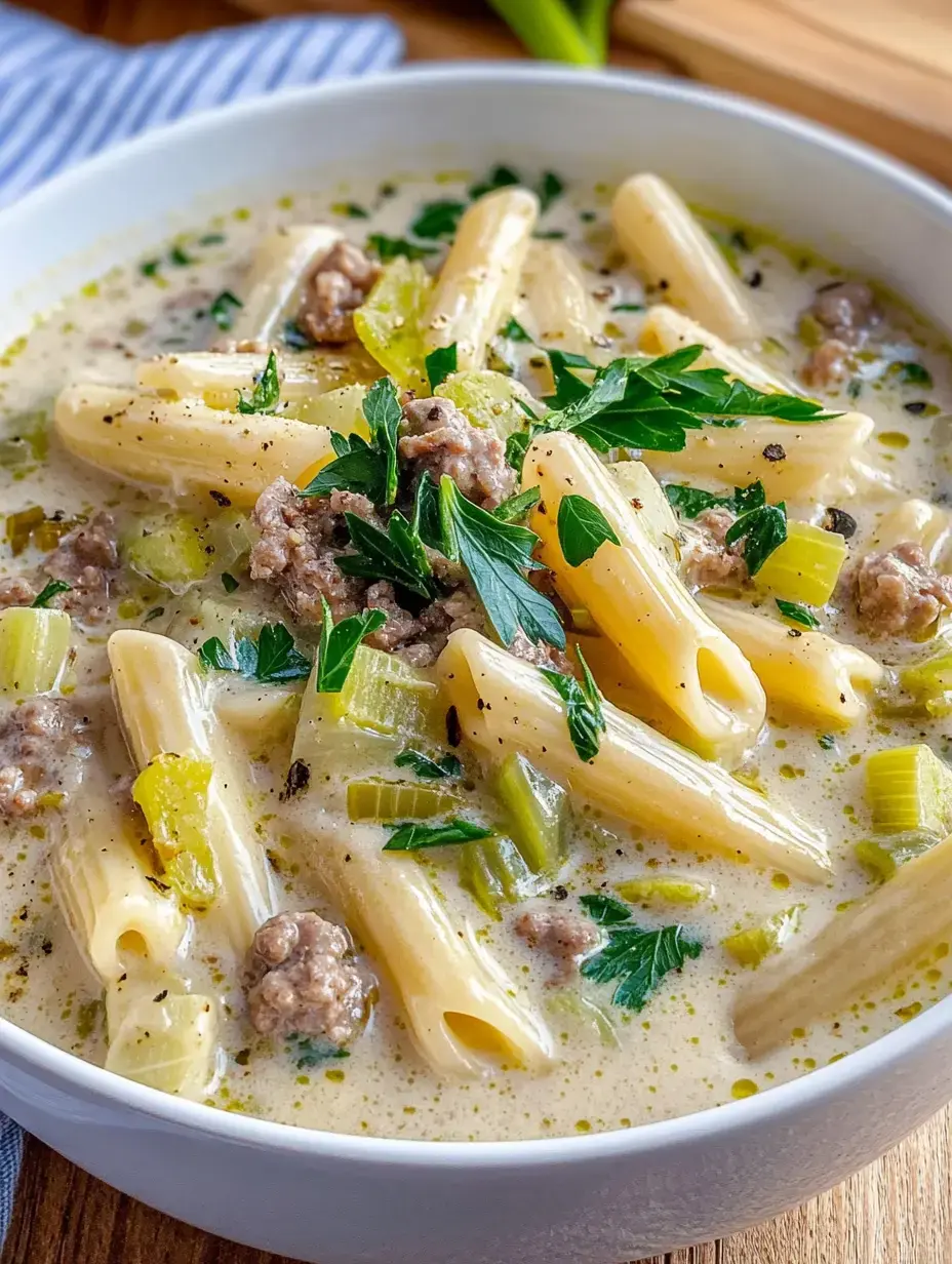 Eine Schüssel mit cremigen Nudeln, Hackfleisch, Sellerie und frischer Petersilie.