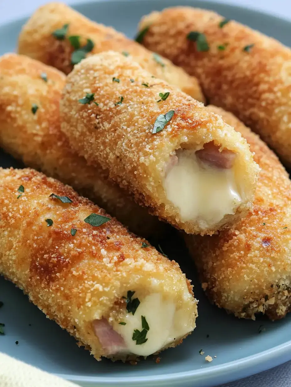 Frittierte Röllchen mit Käse und Schinken auf blauem Teller, frisch mit Petersilie garniert.
