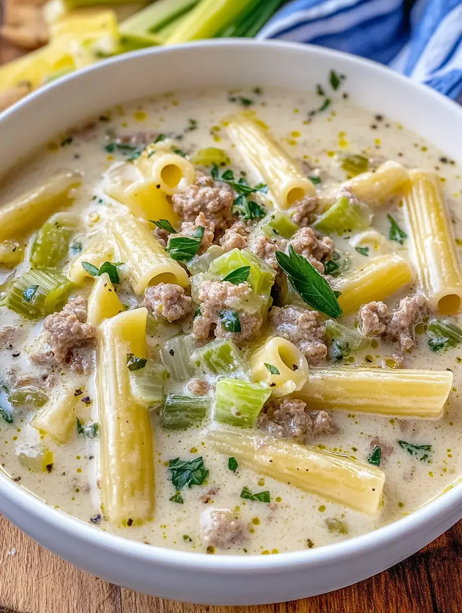 Eine Schüssel mit cremiger Pasta-Suppe, die aus Röhrennudeln, Hackfleisch, Sellerie und frischen Kräutern besteht.