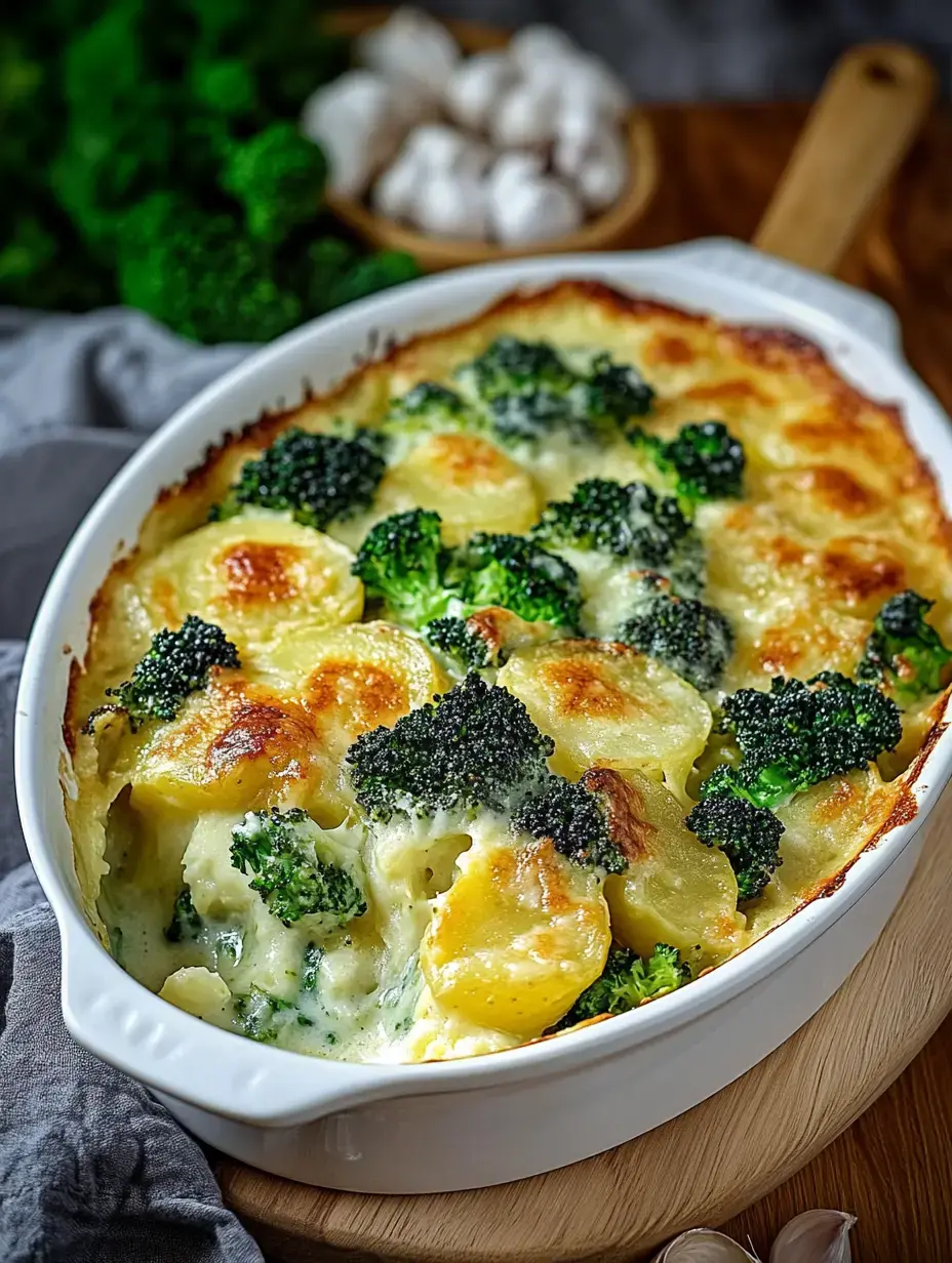 Kartoffeln und Brokkoli, lecker überbacken mit einer cremigen Käseschicht in der Auflaufform.
