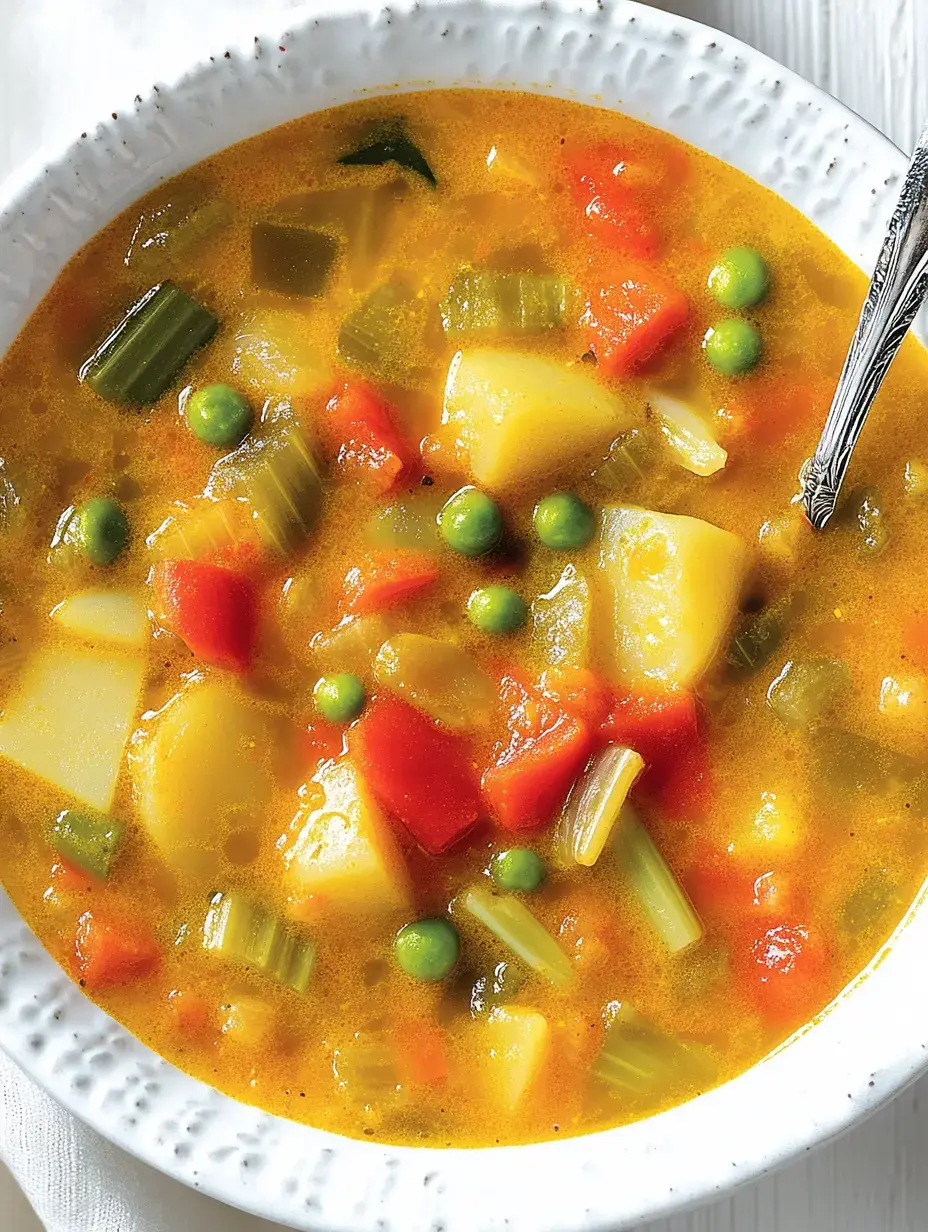 Eine Schüssel mit buntem Gemüsesuppe, die Kartoffeln, Erbsen, Paprika und Sellerie enthält.
