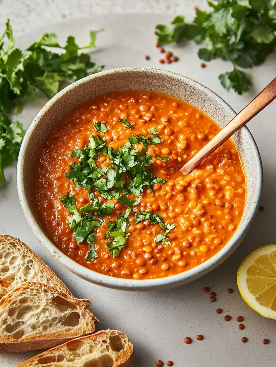 Tiefe Schale rote Linsensuppe, viel frischer Koriander drauf, drumherum Brotscheiben und Zitrone.