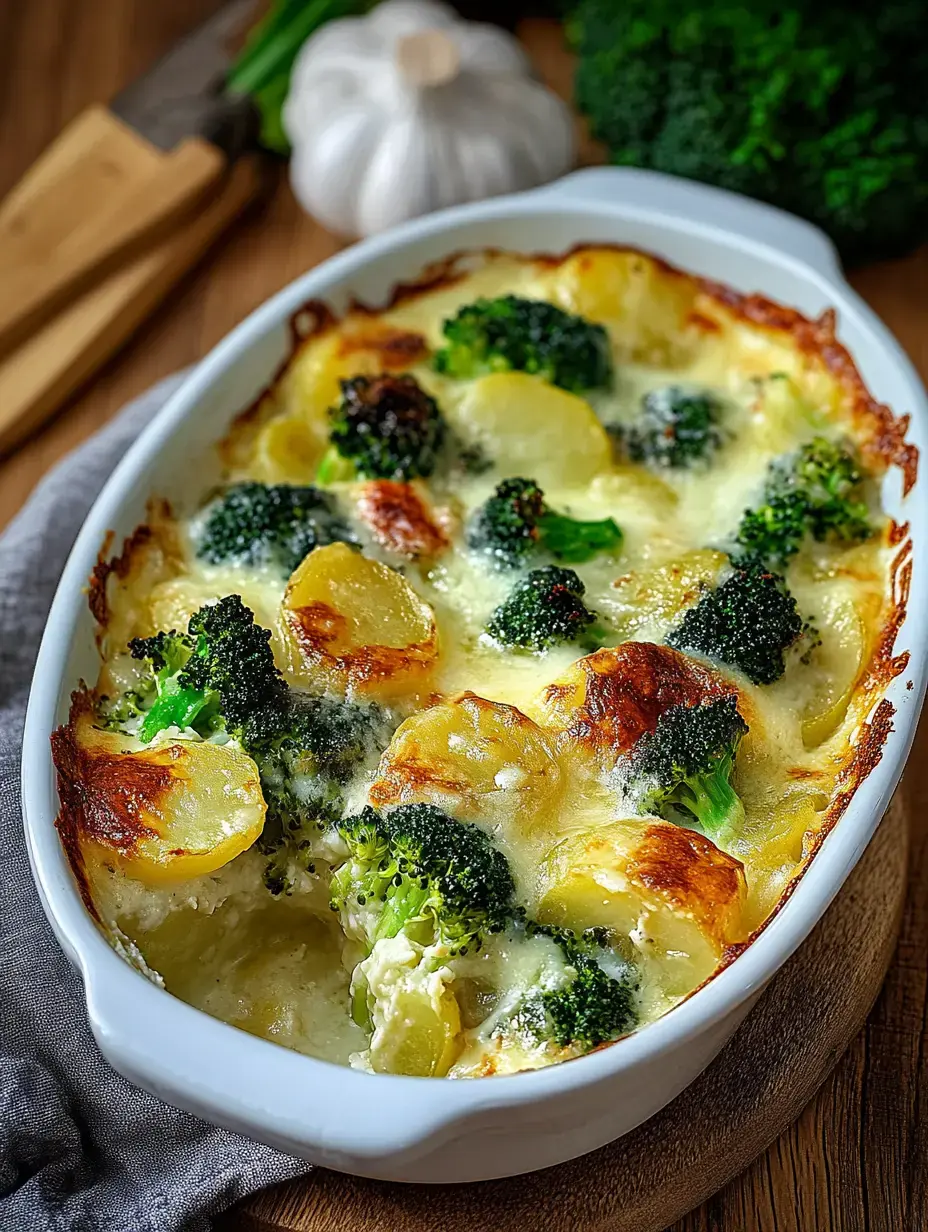 Ein frischer Auflauf aus Brokkoli und Kartoffeln mit geschmolzenem Käse oben drauf in weißer Form.