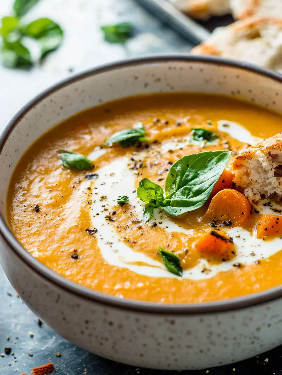 Eine Schale cremige Suppe in kräftigem Orange, mit frischem Basilikum und einem Klecks Sahne on top, daneben rustikale Brote auf dem Tisch.