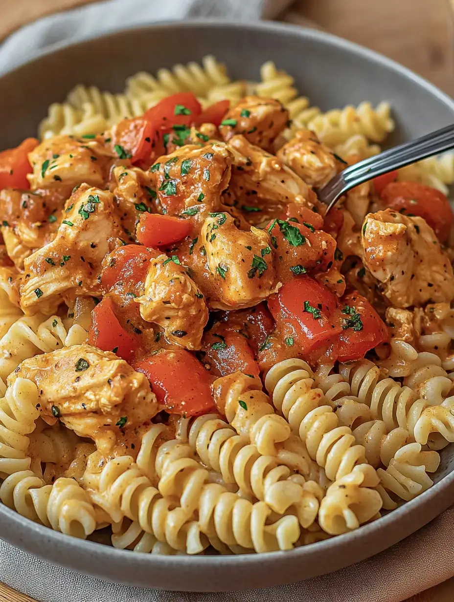 Ein Teller Fusilli-Nudeln mit Hähnchenstücken in einer Tomatensauce, garniert mit frischen Kräutern.