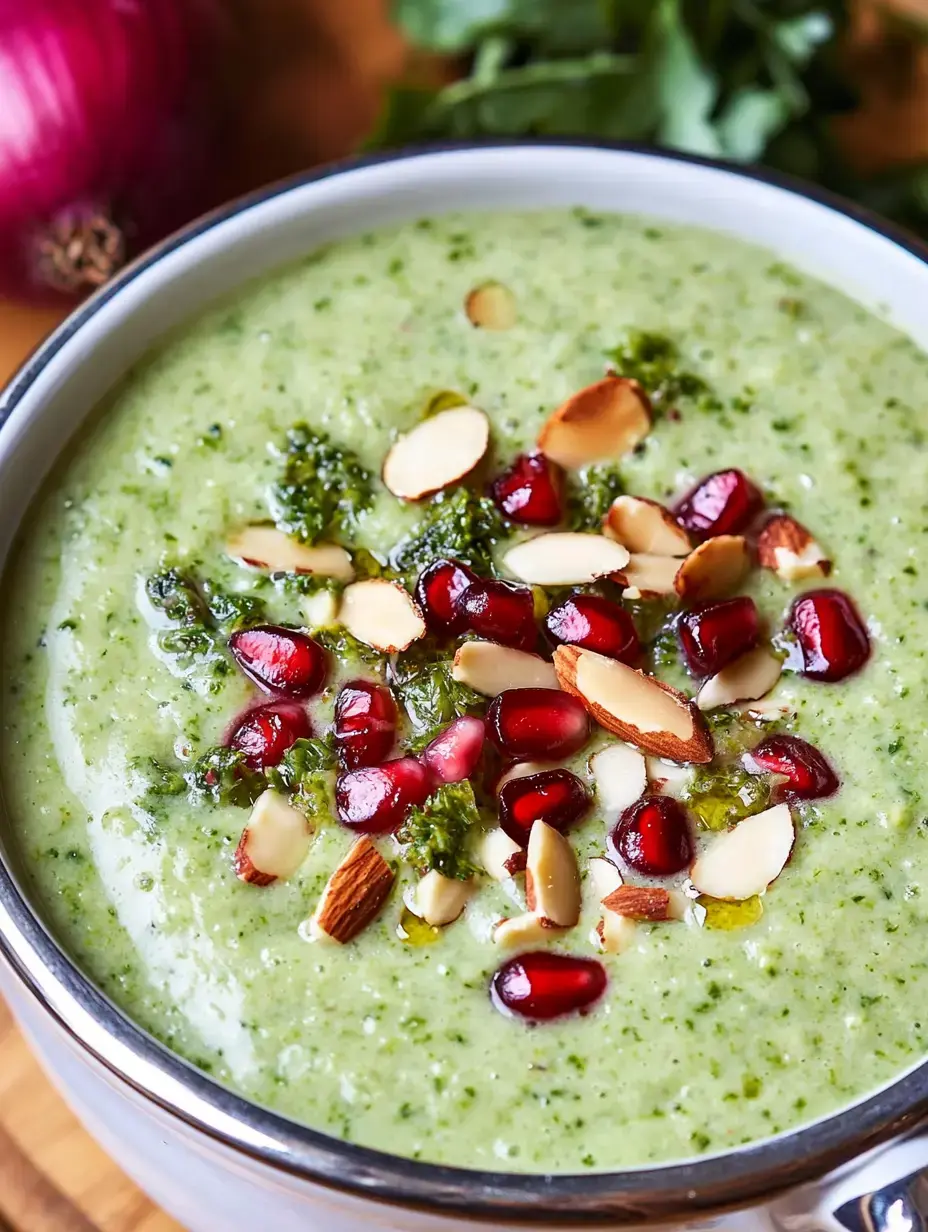 Cremig grüne Suppe mit Granatapfel und Mandeln garniert in einer Schale.