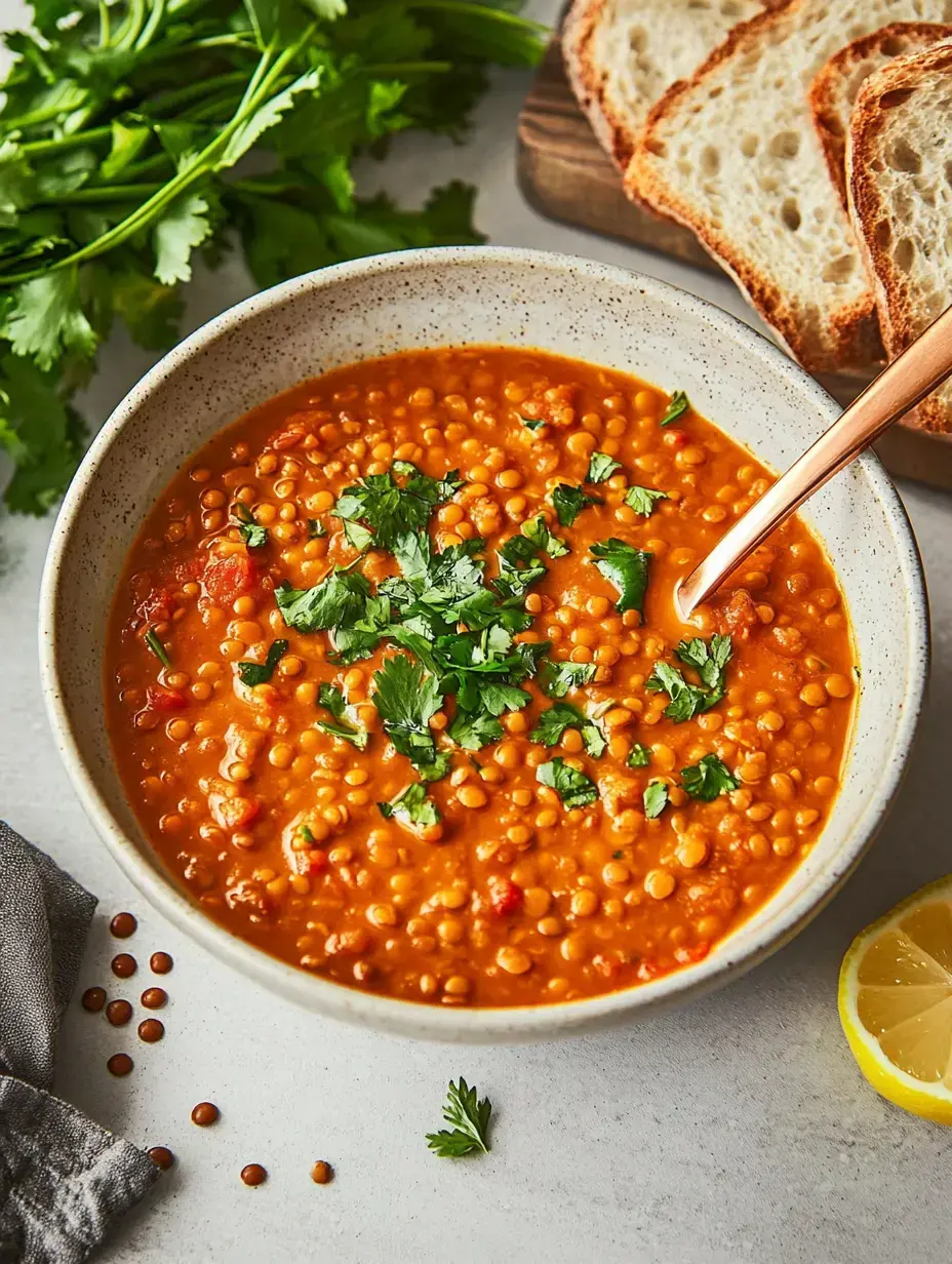 Schüssel mit roter Linsensuppe, dekoriert mit Koriander, daneben Brot und Zitrone.