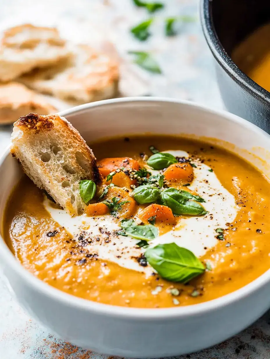 Eine cremig-gelbe Kürbissuppe, obendrauf ein Klecks Sahne, frisches Basilikum und Brot am Rand.