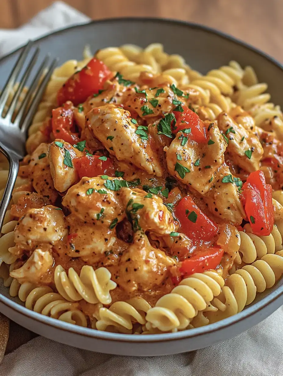 Ein Teller mit Fusilli-Pasta, Hähnchenstücken, roten Paprika und einer cremigen Sauce, garniert mit frischer Petersilie.