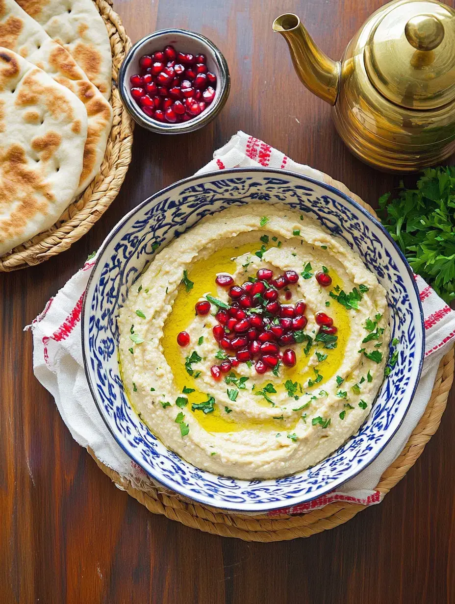 Eine Schale cremiger Hummus mit knackigen Granatapfelkernen und Olivenöl, ringsum Fladenbrot und eine Kanne Tee.