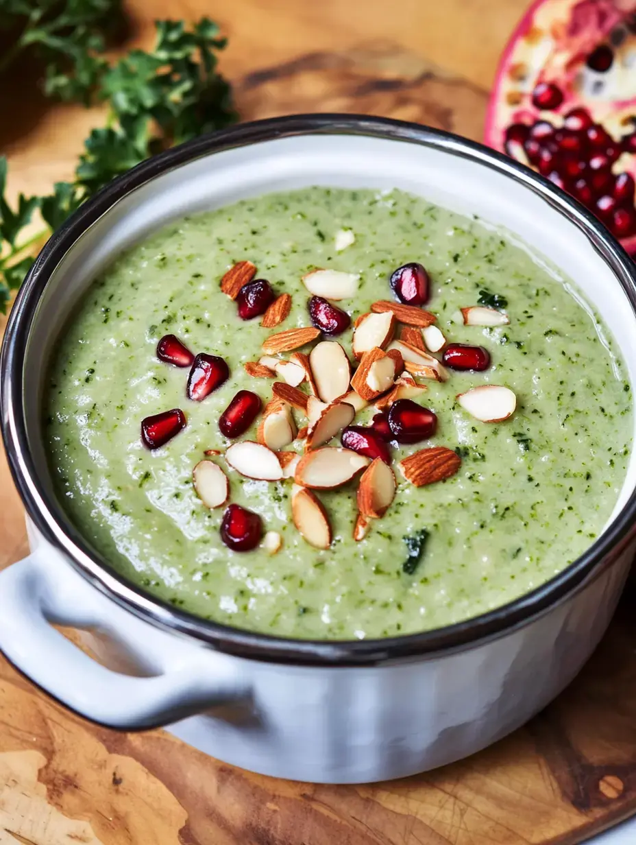 Grüne Suppe mit Mandelscheiben und Granatapfel, serviert in einer Schale auf Holz.