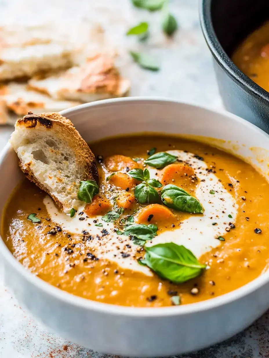 Eine leuchtende Kürbissuppe mit Sahnetupfer, Basilikum und geröstetem Brot vorn im Bild.