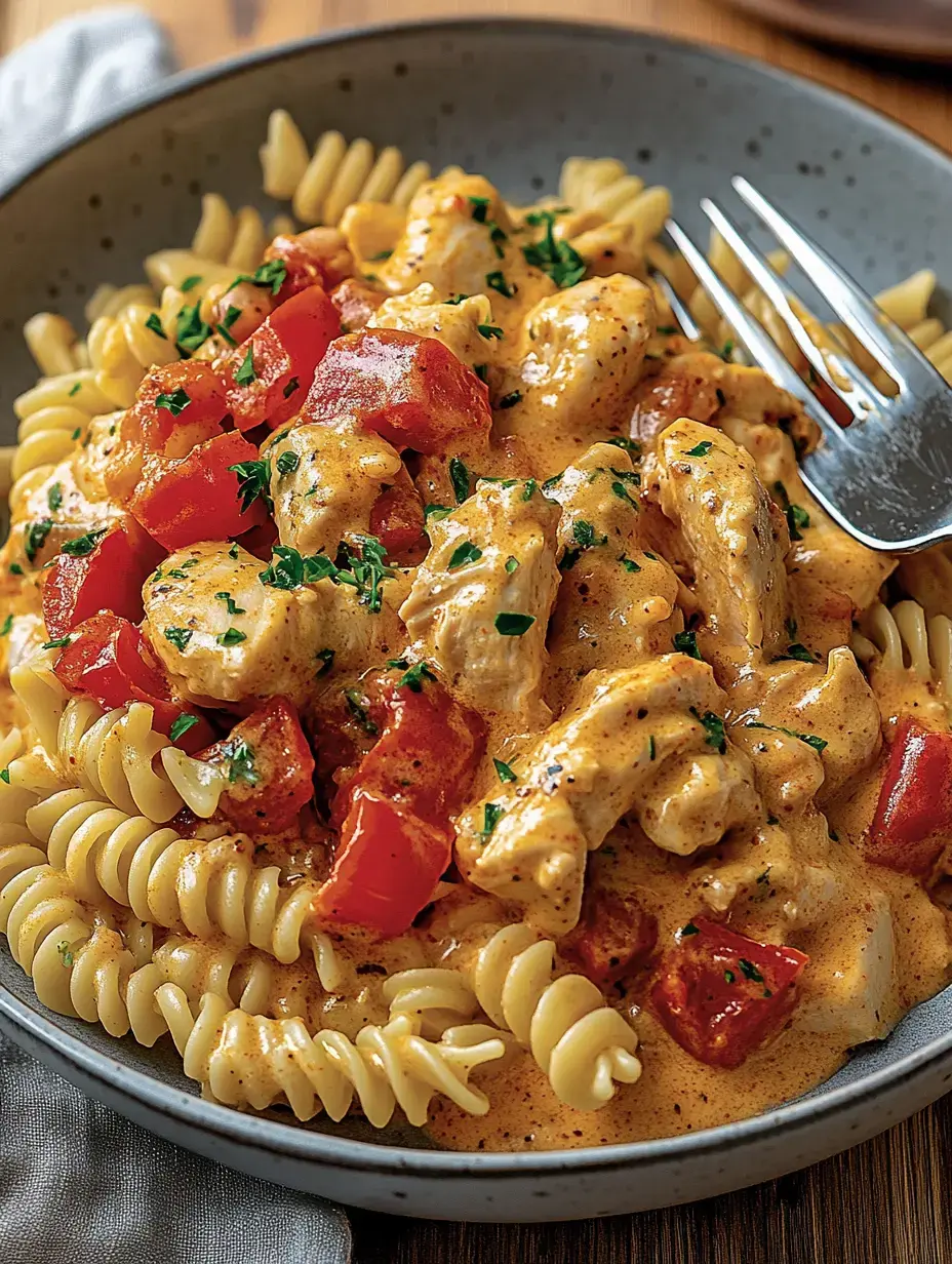 Ein Teller mit Spiralen und einer cremigen Sauce, dazu Stücke von Hähnchen und frischen Tomaten, garniert mit Petersilie.
