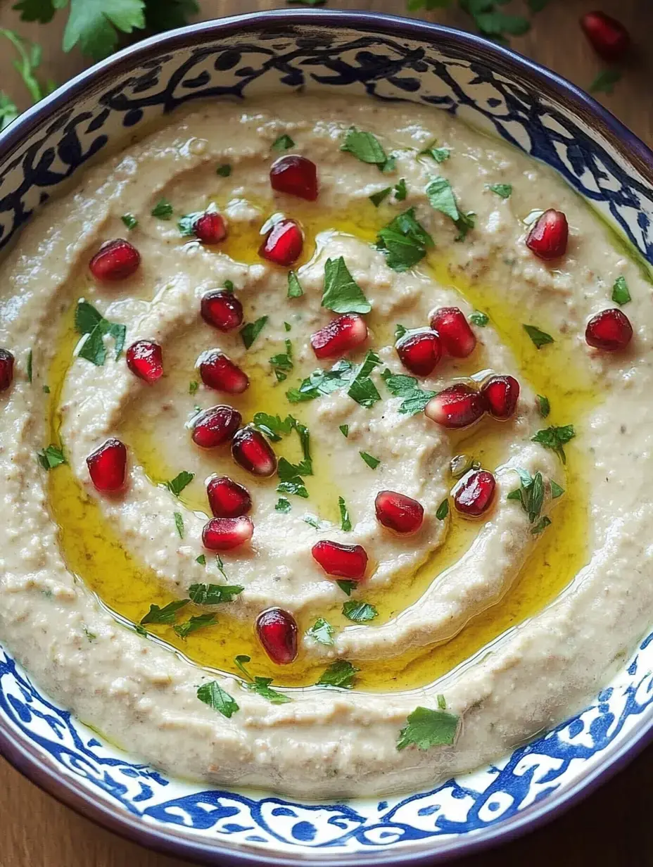Eine kleine Schale Hummus, bestreut mit Granatapfel, Koriander und leichtem Olivenöl.